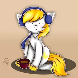 Size: 2000x2000 | Tagged: safe, artist:hanaty, banned from derpibooru, deleted from derpibooru, derpibooru import, oc, unofficial characters only, earth pony, pony, coffee, coffee mug, eyes closed, floppy ears, gradient background, headphones, mug, necktie, signature, sitting, solo, unshorn fetlocks