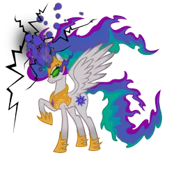 Size: 1500x1500 | Tagged: safe, artist:mr-spider-the-bug, banned from derpibooru, deleted from derpibooru, derpibooru import, nightmare star, princess celestia, alicorn, pony, the crystal empire, correstia, corrupted, corrupted celestia, corruptia, dark magic, darklestia, female, glowing horn, hoof shoes, horn, magic, mare, nightmarified, possessed, possesstia, purple sun, simple background, solo, sombra eyes, transparent background, violet sun