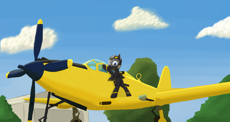 Size: 1870x994 | Tagged: safe, artist:kpvt, banned from derpibooru, deleted from derpibooru, derpibooru import, oc, oc:cloudbreaker, unofficial characters only, original species, plane pony, pony, bell p-63 king cobra, cloud, looking at you, plane, pose, propeller, sky, solo, sr-71 blackbird, tree, wings