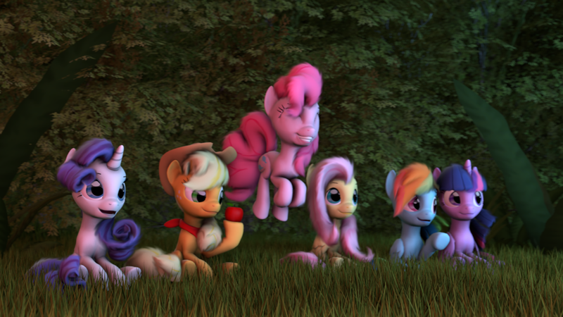 Size: 1024x576 | Tagged: safe, artist:mythicspeed, banned from derpibooru, deleted from derpibooru, derpibooru import, applejack, fluttershy, pinkie pie, rainbow dash, rarity, twilight sparkle, twilight sparkle (alicorn), alicorn, pony, 3d, apple, food, grass, mane six, pronking, sitting, smiling, source filmmaker