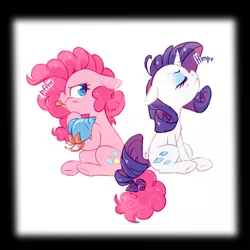 Size: 800x800 | Tagged: safe, artist:jumblehorse, banned from derpibooru, deleted from derpibooru, derpibooru import, pinkie pie, rarity, pony, spoiler:comic15, back to back, cute, eyes closed, female, floppy ears, grumpy, hermit crab, lesbian, onomatopoeia, pouting, raripie, raspberry, raspberry noise, shipping, sitting, tongue out