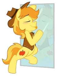 Size: 1285x1638 | Tagged: suggestive, artist:nannurs, banned from derpibooru, deleted from derpibooru, derpibooru import, braeburn, blushing, kissing, licking, mirror, narcissism, self ponidox, selfcest, shipping, tongue out