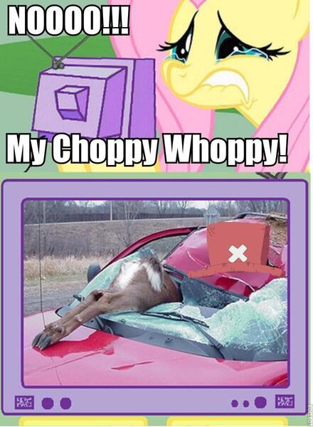 Size: 704x960 | Tagged: safe, banned from derpibooru, deleted from derpibooru, derpibooru import, fluttershy, car, dead, exploitable meme, meme, obligatory pony, one piece, tony tony chopper, tv meme