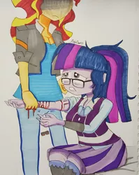 Size: 1024x1289 | Tagged: grimdark, artist:missmayaleanne, banned from derpibooru, deleted from derpibooru, derpibooru import, sci-twi, sunset shimmer, twilight sparkle, equestria girls, blood, caught, clothes, cut, female, glasses, lesbian, scitwishimmer, shipping, sunsetsparkle, traditional art