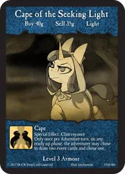 Size: 2006x2792 | Tagged: safe, artist:brownie97, artist:ravetuba, banned from derpibooru, deleted from derpibooru, derpibooru import, oc, unofficial characters only, pony, buck legacy, buck pony card game, cape, card, card game, clothes, female, fog, hoodie, leg wrapping, solo, tail wrap