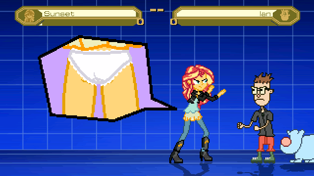 Size: 640x360 | Tagged: questionable, artist:toonalexsora007, banned from derpibooru, deleted from derpibooru, derpibooru import, sunset shimmer, dog, equestria girls, being ian, close-up, clothes, crossover, error, frilly underwear, glitch, ian kelley, mugen, panties, underwear, white underwear