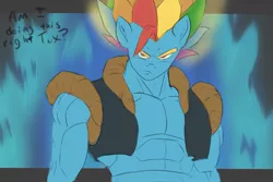 Size: 1200x800 | Tagged: safe, artist:ardail, banned from derpibooru, deleted from derpibooru, derpibooru import, rainbow dash, anthro, clothes, dragon ball, gogeta, image, jpeg, meme, rule 63, solo, super saiyan, trace, tracing meme, vest