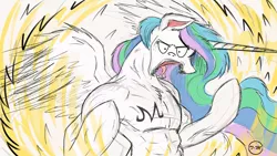 Size: 1280x720 | Tagged: safe, artist:ncmares, banned from derpibooru, deleted from derpibooru, derpibooru import, edit, princess celestia, semi-anthro, abs, meme, mirrored, muscles, signature, solo, spread wings, super saiyan, supersayian, trace, tracing meme, werelestia, wings