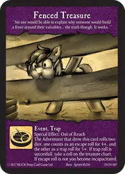Size: 2006x2792 | Tagged: safe, artist:ravetuba, artist:spriterjrda, banned from derpibooru, deleted from derpibooru, derpibooru import, oc, unofficial characters only, buck legacy, buck pony card game, card, card game, fence, holding breath, solo, trapped