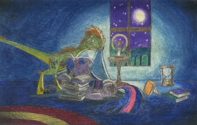 Size: 2148x1368 | Tagged: safe, artist:smcho1014, banned from derpibooru, deleted from derpibooru, derpibooru import, twilight sparkle, oc, oc:wild sketchy, dinosaur, pony, unicorn, velociraptor, book, candle, colored pencil drawing, cute, duo, eyes closed, facebooking, female, floppy ears, full moon, hourglass, lidded eyes, male, mare, moon, mouth hold, night, prone, sleeping, stars, table, traditional art, twiabetes, unicorn twilight, window