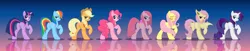 Size: 5830x1181 | Tagged: suggestive, artist:culu-bluebeaver, banned from derpibooru, deleted from derpibooru, derpibooru import, applejack, fluttershy, pinkie pie, rainbow dash, rarity, twilight sparkle, twilight sparkle (alicorn), alicorn, bat pony, pony, bat ponified, bedroom eyes, covering, cupcake, flutterbat, food, group, mane six, pinkamena diane pie, presenting, race swap, raised tail, reflection, smiling, tail