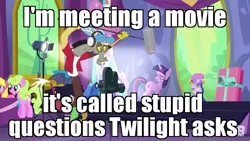 Size: 854x480 | Tagged: safe, banned from derpibooru, deleted from derpibooru, derpibooru import, edit, edited screencap, screencap, cherry berry, daisy, discord, flower wishes, twilight sparkle, twilight sparkle (alicorn), alicorn, earth pony, pony, celestial advice, spoiler:s07, balloon, cap, caption, clothes, film camera, gift wrapped, hat, headphones, horn, image macro, meme, microphone, spotlight, text, the fairly oddparents, wings