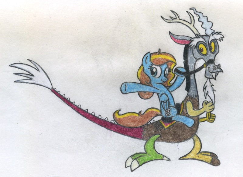 Size: 1345x983 | Tagged: safe, artist:smcho1014, banned from derpibooru, deleted from derpibooru, derpibooru import, discord, oc, oc:ilovekimpossiblealot, pegasus, pony, bridle, colored pencil drawing, duo, female, male, mare, mount, reins, riding, tack, traditional art, wander over yonder