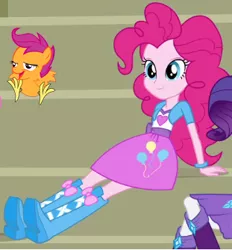 Size: 311x335 | Tagged: safe, banned from derpibooru, deleted from derpibooru, derpibooru import, edit, pinkie pie, rarity, scootaloo, human, equestria girls, balloon, bleachers, boots, chickun, clothes, cute, exploitable meme, faic, forced meme, high heel boots, humanized, jewel, jewelry, meme, rarity's hair, scootachicken, shoes, skirt