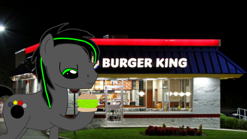 Size: 1280x720 | Tagged: safe, artist:gridino, banned from derpibooru, deleted from derpibooru, derpibooru import, oc, unofficial characters only, earth pony, pony, burger, burger king, food, hamburger, lettuce, male, solo, stallion, vegan