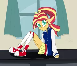 Size: 2320x1985 | Tagged: safe, artist:flight-of-the-moon, banned from derpibooru, deleted from derpibooru, derpibooru import, sunset shimmer, equestria girls, alternate costumes, alternate hairstyle, clothes, converse, cute, looking at you, shoes, skirt, sneakers, socks, varsity jacket