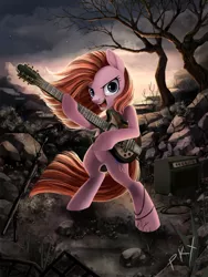 Size: 900x1200 | Tagged: safe, alternate version, artist:ponykillerx, banned from derpibooru, deleted from derpibooru, derpibooru import, pinkie pie, pony, >:d, amplifier, badass, bipedal, detailed, electric guitar, guitar, happy, musical instrument, pinkamena diane pie, pun, punkamena, punkie pie, recreation, redraw, rock farm, smiling, smirk, solo, technical advanced, visual pun