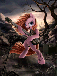 Size: 600x800 | Tagged: safe, artist:ponykillerx, banned from derpibooru, deleted from derpibooru, derpibooru import, pinkie pie, pony, absurd file size, absurd gif size, amplifier, animated, badass, bipedal, cinemagraph, detailed, electric guitar, gif, guitar, musical instrument, parallax, pinkamena diane pie, pun, punkamena, punkie pie, rock farm, solo, technical advanced, visual pun, wigglepic