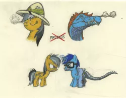 Size: 1722x1333 | Tagged: safe, artist:smcho1014, banned from derpibooru, deleted from derpibooru, derpibooru import, daring do, oc, oc:wild sketchy, pegasus, pony, unicorn, colored pencil drawing, colt, duo, female, filly, foal, glasses, hat, male, mare, nundasuchus, pith helmet, snorting, traditional art, transforming, younger