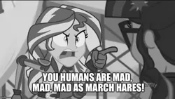 Size: 800x450 | Tagged: safe, banned from derpibooru, deleted from derpibooru, derpibooru import, screencap, sci-twi, sunset shimmer, twilight sparkle, equestria girls, friendship games, angry, black and white, caption, exploitable meme, grayscale, image macro, meme, monochrome, quote, sunset yells at twilight, text