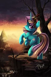 Size: 1075x1600 | Tagged: safe, artist:ponykillerx, banned from derpibooru, deleted from derpibooru, derpibooru import, dewdrop dazzle, pony, unicorn, big crown thingy, cliff, dawn, element of magic, image, jewelry, looking at you, mist, mountain, png, rearing, regalia, river, scenery, solo, stars, tree, waterfall