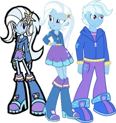 Size: 1061x1125 | Tagged: safe, artist:mike437, artist:rvceric, artist:xebck, banned from derpibooru, deleted from derpibooru, derpibooru import, edit, trixie, equestria girls, boots, clothes, equestria guys, hand on hip, high heel boots, hoodie, jacket, raised leg, rule 63, shoes, skirt, smiling, smirk, sneakers, tristan, vector