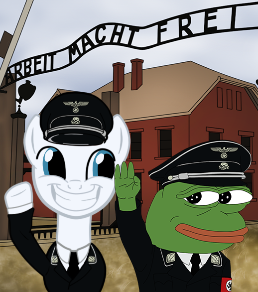 Size: 518x586 | Tagged: safe, banned from derpibooru, deleted from derpibooru, derpibooru import, oc, oc:aryanne, 4chan, arbeit macht frei, armband, auschwitz, clothes, happy, hat, heil, house, /mlp/, /mlpol/, nazi, pepe, pepe the frog, /pol/, schutzstaffel, sieg heil, smiling, totenkopf, uniform