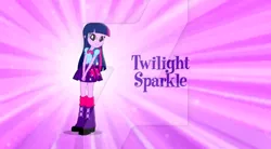 Size: 400x220 | Tagged: safe, artist:abtoons, banned from derpibooru, deleted from derpibooru, derpibooru import, screencap, twilight sparkle, twilight sparkle (alicorn), alicorn, equestria girls, backpack, boots, bowtie, clothes, deviantart, high heel boots, looking at you, music video, purple background, shoes, simple background, skirt, sparkles, watermark