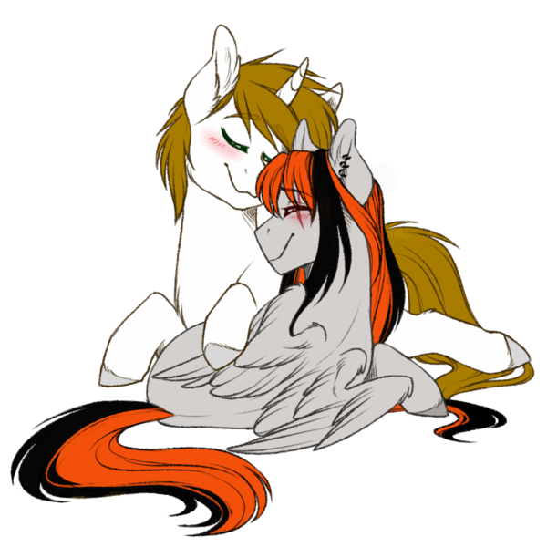 Size: 1073x1073 | Tagged: safe, artist:harmoniousrain, banned from derpibooru, deleted from derpibooru, derpibooru import, oc, oc:cannon car, oc:pr, unofficial characters only, pegasus, pony, unicorn, commission, couple, cuddling, ear piercing, eyes closed, female, male, mare, oc x oc, piercing, prannon, shipping, simple background, stallion, straight, transparent background
