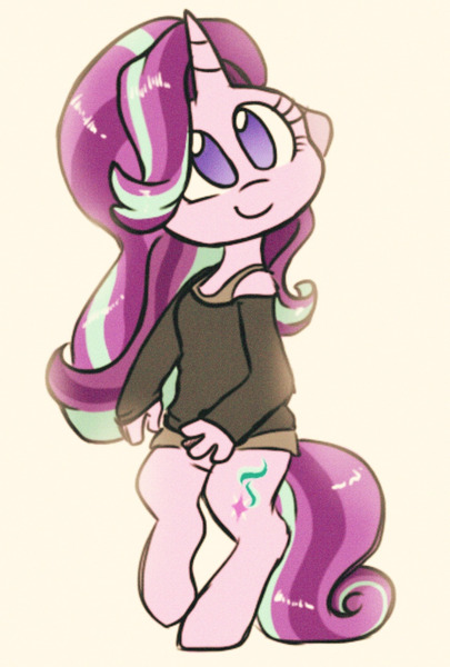 Size: 1280x1894 | Tagged: safe, artist:hiccupsdoesart, banned from derpibooru, deleted from derpibooru, derpibooru import, starlight glimmer, anthro, unguligrade anthro, clothes, cute, glimmerbetes, simple background, smiling, solo, tanktop, yellow background