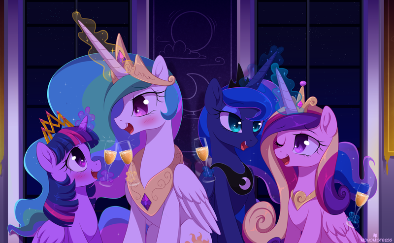 Size: 2495x1538 | Tagged: dead source, safe, artist:verawitch, banned from derpibooru, deleted from derpibooru, derpibooru import, princess cadance, princess celestia, princess luna, twilight sparkle, twilight sparkle (alicorn), alicorn, pony, alcohol, alicorn tetrarchy, blushing, champagne, crown, cute, cutedance, cutelestia, female, glass, glowing horn, group, horn, infidelity, jewelry, lesbian, lunabetes, lundance, magic, mare, one eye closed, open mouth, regalia, royal sisters, shipping, smiling, telekinesis, twiabetes, twilestia