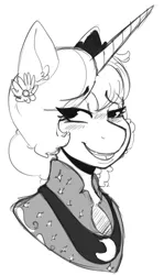 Size: 432x725 | Tagged: safe, artist:chutzpaah, banned from derpibooru, deleted from derpibooru, derpibooru import, princess luna, anthro, 30 minute art challenge, alternate hairstyle, bust, lidded eyes, monochrome, portrait, smiling, solo