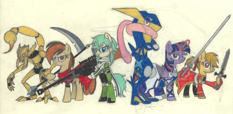 Size: 2446x1194 | Tagged: safe, artist:smcho1014, banned from derpibooru, deleted from derpibooru, derpibooru import, twilight sparkle, twilight sparkle (alicorn), oc, oc:cupcake slash, oc:wild sketchy, alicorn, earth pony, greninja, pony, ash-greninja, asuna, bionicle, colored pencil drawing, crossover, dexterous hooves, female, gun, hoof hold, lego, magic, magic aura, male, mare, pokémon, rifle, scythe, silica, sinon, sword, sword art online, telekinesis, traditional art, vorox, warrior twilight sparkle, weapon