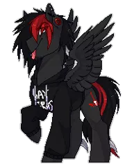 Size: 201x250 | Tagged: safe, artist:harmoniousrain, banned from derpibooru, deleted from derpibooru, derpibooru import, oc, oc:alex, unofficial characters only, pegasus, pony, clothes, commission, looking at you, male, pixel art, raised hoof, red and black oc, simple background, smiling, spread wings, stallion, sweater, tongue out, transparent background, wings