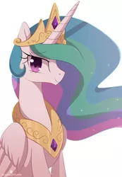 Size: 1192x1718 | Tagged: dead source, safe, artist:verawitch, banned from derpibooru, deleted from derpibooru, derpibooru import, princess celestia, alicorn, pony, crown, female, jewelry, looking at you, mare, multicolored hair, praise the sun, regalia, simple background, smiling, white background