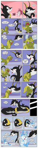 Size: 950x3627 | Tagged: questionable, artist:dweet-tea, banned from derpibooru, deleted from derpibooru, derpibooru import, oc, unofficial characters only, scolipede, serperior, sylveon, blushing, comic, crossover, egg, fetish, kissing, mind control, open mouth, pokémon, tongue out, transformation, vore