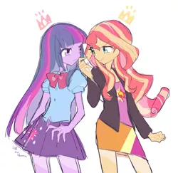 Size: 700x681 | Tagged: safe, artist:rinn11201, banned from derpibooru, deleted from derpibooru, derpibooru import, sunset shimmer, twilight sparkle, twilight sparkle (alicorn), alicorn, equestria girls, bowtie, clothes, cutie mark, jacket, leather jacket, looking at each other, skirt