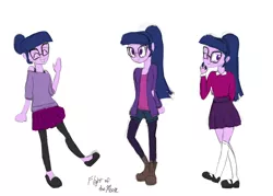 Size: 1400x1000 | Tagged: safe, artist:flight-of-the-moon, banned from derpibooru, deleted from derpibooru, derpibooru import, sci-twi, twilight sparkle, equestria girls, alternate costumes, boots, clothes, mary janes, ponytail, shoes, shorts, simple background, skirt, smiling, socks, sweater, waving, white background