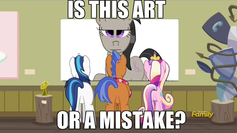 Size: 1563x878 | Tagged: safe, artist:jbond, artist:swordalf pencil, banned from derpibooru, deleted from derpibooru, derpibooru import, edit, edited screencap, screencap, octavia melody, princess cadance, shining armor, spearhead, pony, a flurry of emotions, a thousand nights in a hallway, art exhibition, art or a mistake, caption, exploitable meme, image macro, meme, photoshop, text, wtf