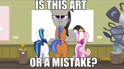 Size: 1563x878 | Tagged: safe, artist:jbond, artist:swordalf pencil, banned from derpibooru, deleted from derpibooru, derpibooru import, edit, edited screencap, screencap, octavia melody, princess cadance, shining armor, spearhead, pony, a flurry of emotions, a thousand nights in a hallway, art exhibition, art or a mistake, caption, exploitable meme, image macro, meme, photoshop, text, wtf
