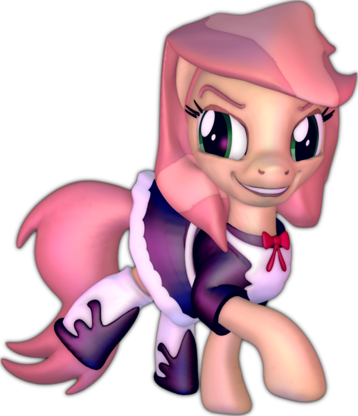 Size: 1624x1884 | Tagged: safe, artist:fillerartist, banned from derpibooru, deleted from derpibooru, derpibooru import, oc, oc:milly millstone, unofficial characters only, pony, 3d, clothes, grin, maid, mischievous, smiling, solo