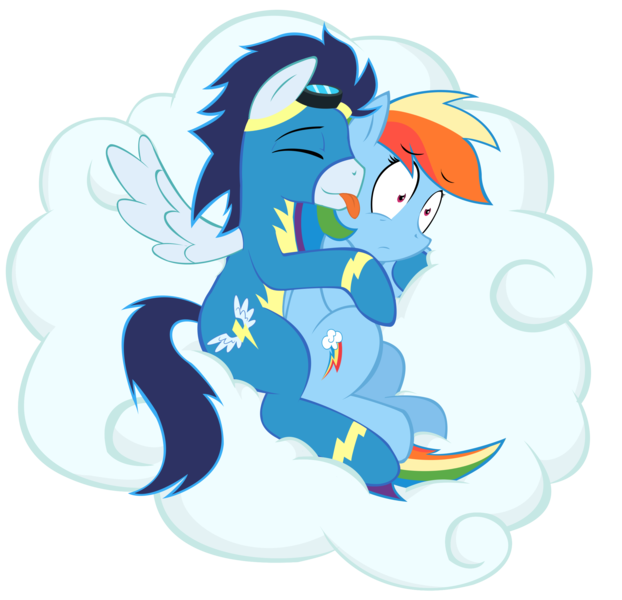 Size: 2474x2387 | Tagged: safe, artist:acstlu, artist:nannurs, banned from derpibooru, deleted from derpibooru, derpibooru import, rainbow dash, soarin', clothes, cloud, cuddling, female, licking, male, shipping, side, snuggling, soarindash, spooning, straight, tongue out, uniform, wonderbolts, wonderbolts uniform