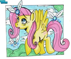 Size: 800x659 | Tagged: safe, artist:ponebooth, banned from derpibooru, deleted from derpibooru, derpibooru import, fluttershy, parasprite, pony, flying, looking at something, looking up, open mouth, solo, spread wings, traditional art, wings
