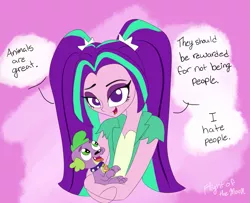 Size: 1059x858 | Tagged: safe, artist:flight-of-the-moon, banned from derpibooru, deleted from derpibooru, derpibooru import, aria blaze, spike, spike the regular dog, dog, equestria girls, dialogue, female, holding, male, no pupils, parks and rec (show), pink background, purple, simple background, tongue out