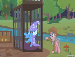 Size: 844x642 | Tagged: safe, banned from derpibooru, deleted from derpibooru, derpibooru import, edit, edited screencap, screencap, trixie, wrangler, fluttershy leans in, animated, cage, cages, cape, clothes, grass, hat, mane, presenting, rock, skunk stripe, tree, tree stump, trixie's cape, trixie's hat, water