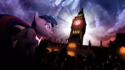 Size: 3840x2160 | Tagged: safe, artist:wintergleam, banned from derpibooru, deleted from derpibooru, derpibooru import, twilight sparkle, pony, fanfic, fanfic:clocktower society, 3d, butt, clocktower, crowd, lens flare, plot, poster, reference, solo, source filmmaker