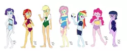 Size: 3235x1300 | Tagged: safe, artist:flight-of-the-moon, banned from derpibooru, deleted from derpibooru, derpibooru import, applejack, fluttershy, pinkie pie, rainbow dash, rarity, sci-twi, sunset shimmer, twilight sparkle, equestria girls, alternate hairstyle, arm behind back, ball, belly button, bikini, clothes, eyeshadow, humane five, humane seven, humane six, looking at you, looking down, makeup, midriff, one-piece swimsuit, polka dot swimsuit, sarong, see-through, see-through skirt, shirt, shorts, simple background, skirt, smiling, sports, swimsuit, transparent, volleyball, white background