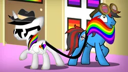 Size: 1024x576 | Tagged: safe, artist:lightning-bliss, banned from derpibooru, deleted from derpibooru, derpibooru import, oc, oc:lightning bliss, unofficial characters only, alicorn, pony, alicorn oc, clothes swap, duo, goggles, hat, horn, sunglasses, tail seduce, wings