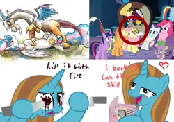 Size: 1024x720 | Tagged: dead source, grimdark, artist:lettelauren, artist:spainfischer, banned from derpibooru, deleted from derpibooru, derpibooru import, edit, edited screencap, screencap, applejack, discord, fluttershy, pinkie pie, princess celestia, rainbow dash, rarity, spike, twilight sparkle, oc, oc:drip drop, unofficial characters only, alicorn, pony, base, base used, discoshy, dislestia, drama, eye contact, female, frown, grin, knife, looking at each other, male, mane six, mare, on back, pinned, shipping, shipping war, smiling, stallion, stolen art, straight