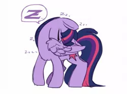 Size: 1819x1349 | Tagged: safe, artist:hiccupsdoesart, banned from derpibooru, deleted from derpibooru, derpibooru import, twilight sparkle, twilight sparkle (alicorn), alicorn, pony, behaving like a bird, onomatopoeia, sleeping, solo, sound effects, zzz